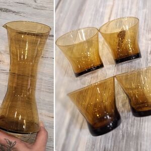 Vintage Amber Glass Barware Set Of 5, Retro Glass Pitcher, Tumblers, Shot Glass